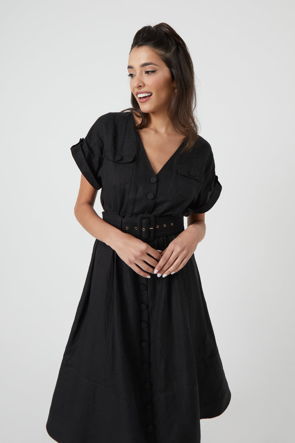 Shop Black Linen Midi Dress | La Poelette Shop Black Linen Midi Dress | La Poelette